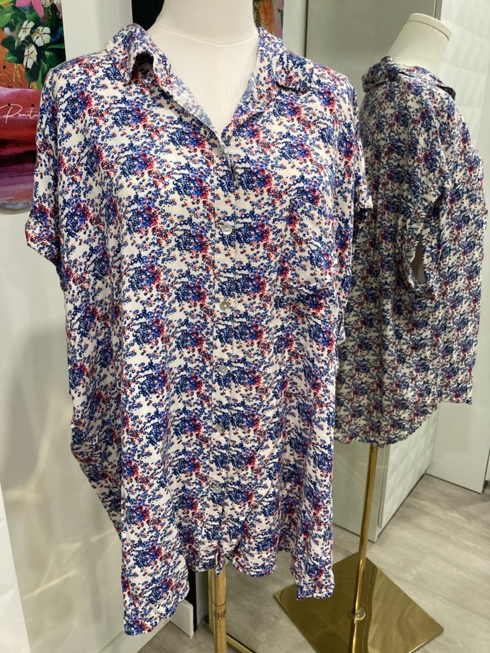 Floral Button-Down Shirt - White, Blue & Red